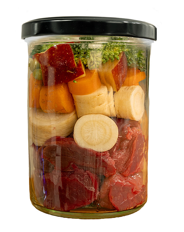 Cheval au panais, carotte et brocoli (verre)