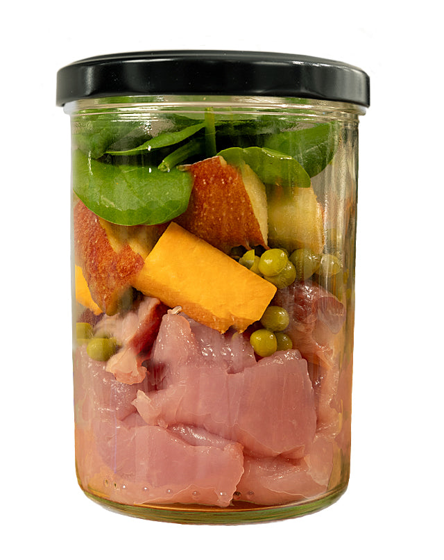 Dinde avec patate douce, petits pois et épinards (verre)