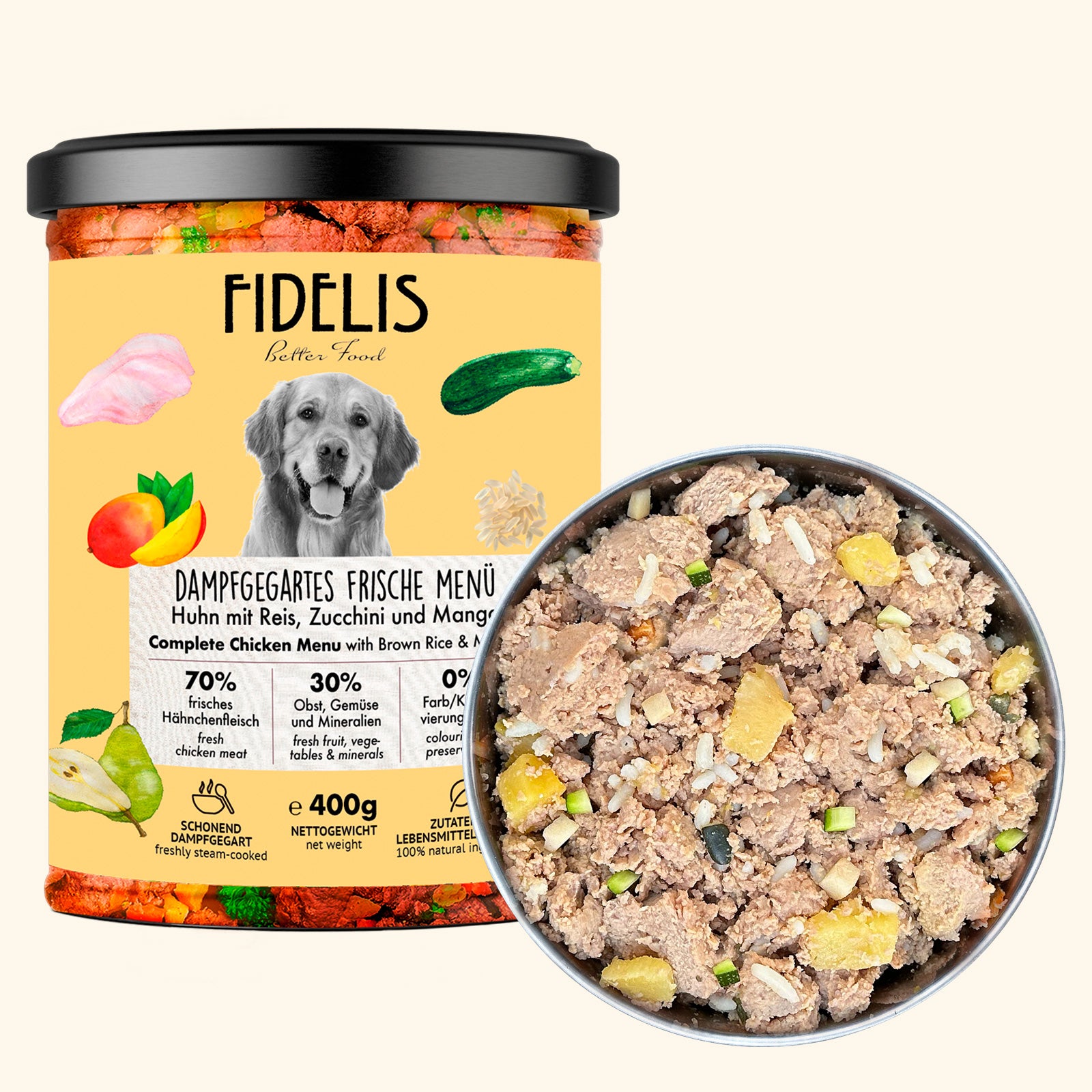 Poulet au riz, courgettes et mangue (verre)