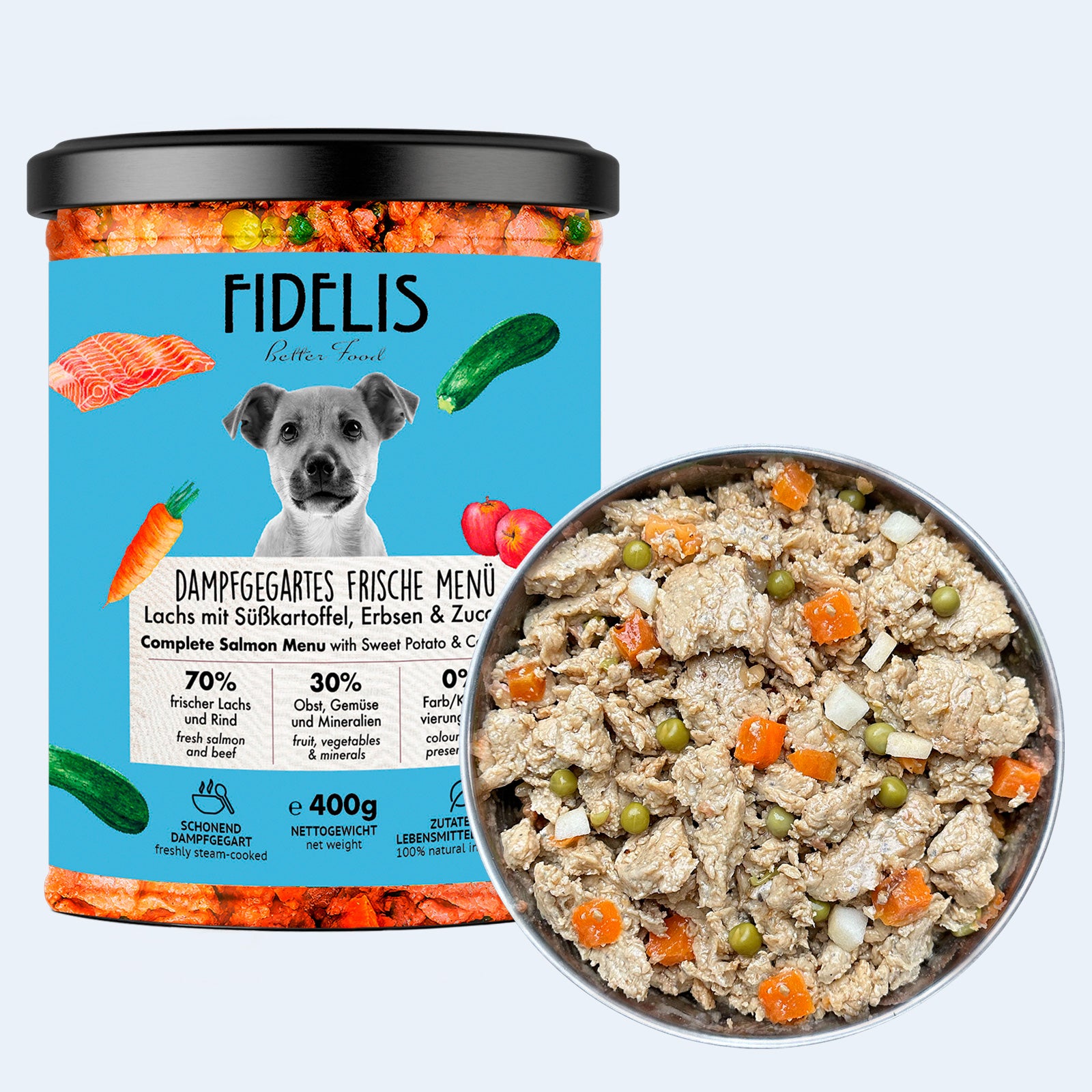 Saumon à la patate douce, petits pois et courgettes (verre)